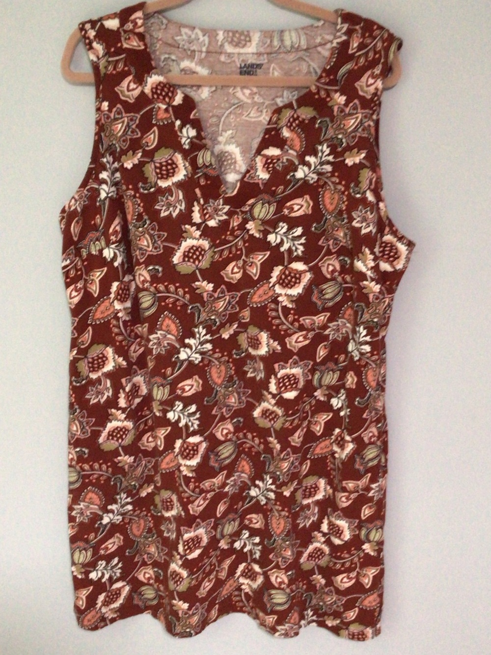 Lands' End Rust Floral V-Neck Sleeveless Tunic Dress 1X with pockets!